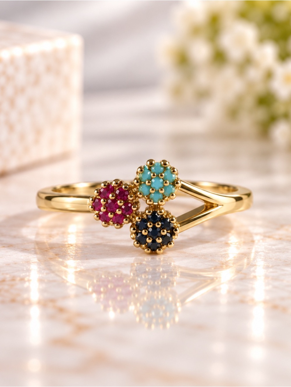 Color Triple Cluster Bypass Ring Gold Plated Stainless Steel Size 6.5
